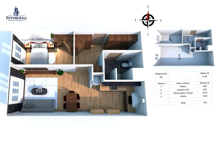 Pronájem bytu 2+kk, Praha, Janovská, 50 m2
