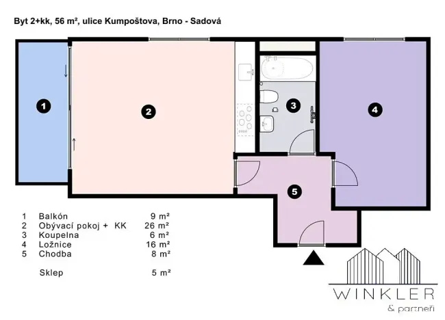 Pronájem bytu 2+kk, Brno, Kumpoštova, 56 m2
