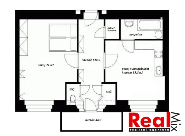 Pronájem bytu 2+kk, Brno - Veveří, Sušilova, 56 m2