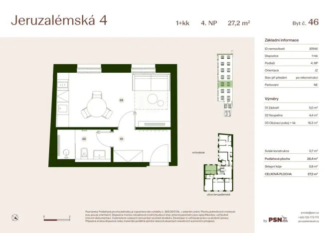 Prodej bytu 1+kk, Praha, Jeruzalémská, 26 m2