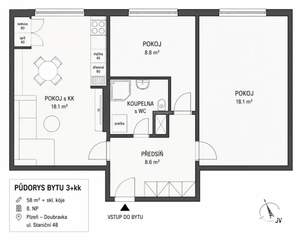 Prodej bytu 3+kk, Plzeň - Doubravka, Staniční, 58 m2