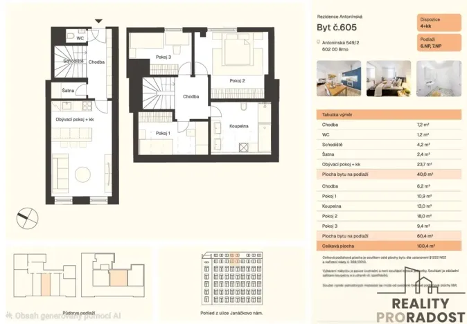 Pronájem bytu 4+kk, Brno, Antonínská, 100 m2