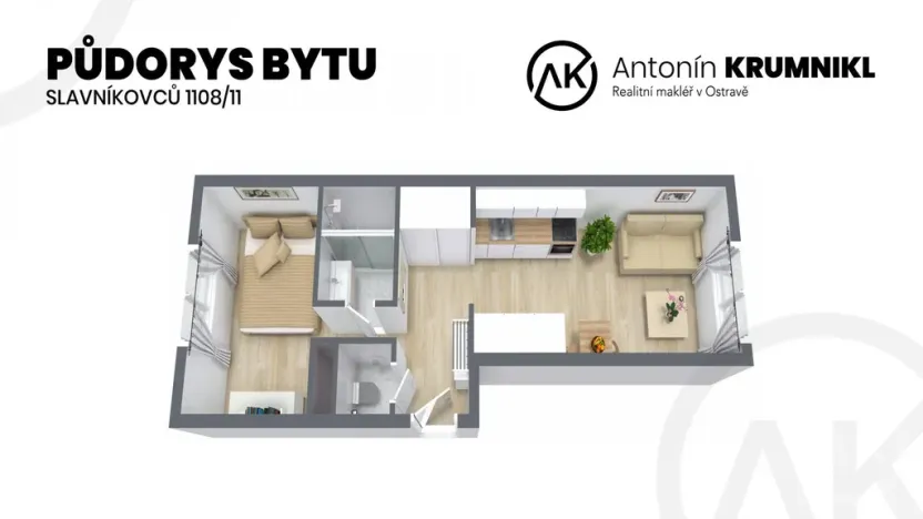 Pronájem bytu 1+1, Ostrava - Mariánské Hory, Slavníkovců, 31 m2