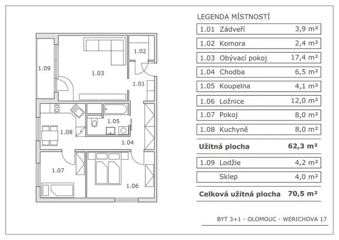 Pronájem bytu 3+1, Olomouc, Werichova, 62 m2