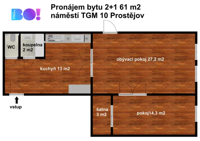 Pronájem bytu 2+1, Prostějov, nám. T. G. Masaryka, 61 m2