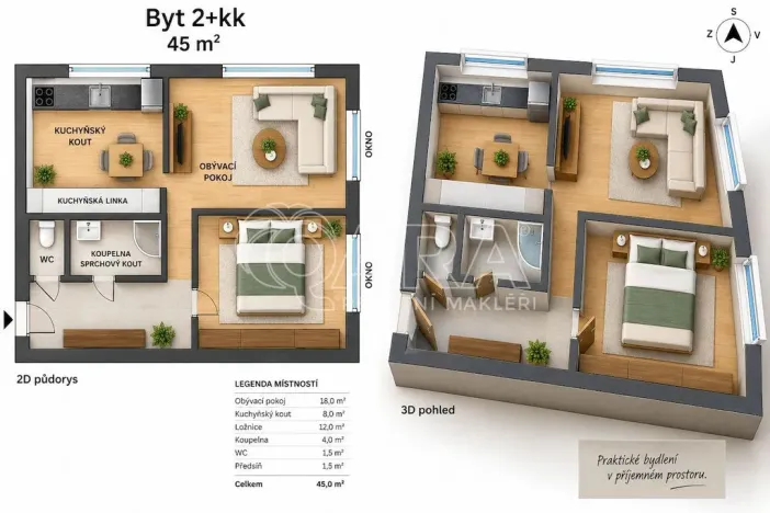 Pronájem bytu 2+kk, Praha - Stodůlky, 45 m2