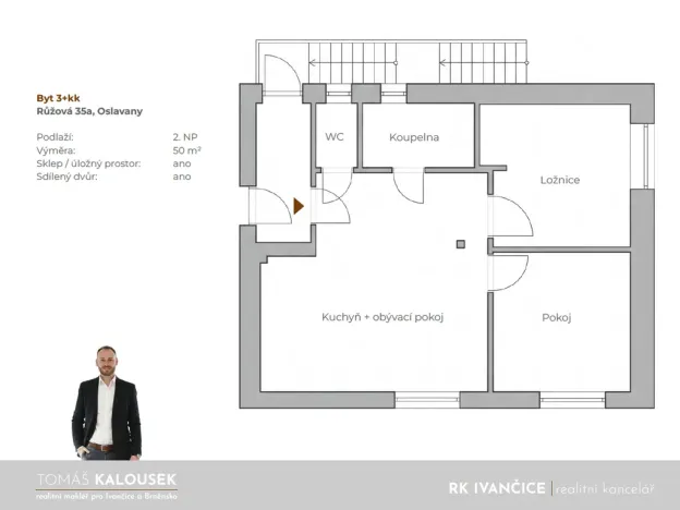 Pronájem bytu 3+kk, Oslavany, Růžová, 50 m2