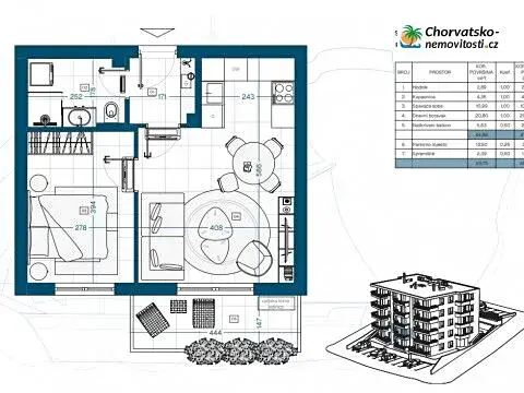Prodej bytu 2+kk, Klenovica, Chorvatsko, 46 m2