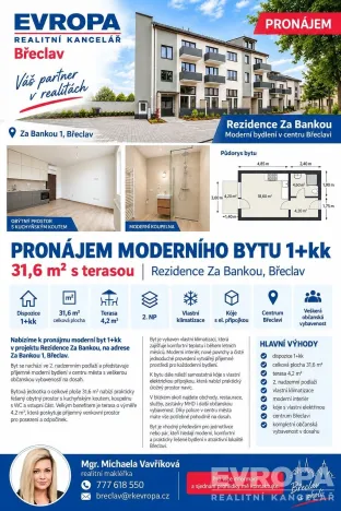 Pronájem bytu 1+kk, Břeclav, Za Bankou, 32 m2