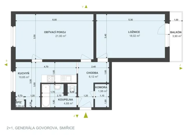 Pronájem bytu 2+1, Smiřice, Gen. Govorova, 63 m2