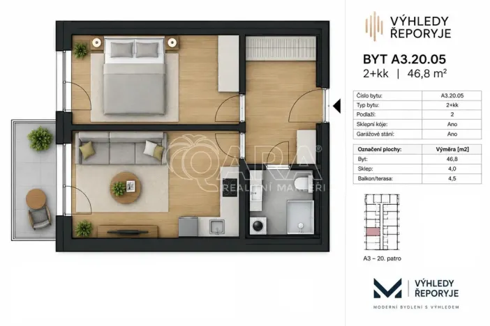 Pronájem bytu 2+kk, Praha - Řeporyje, Haenkeho, 47 m2