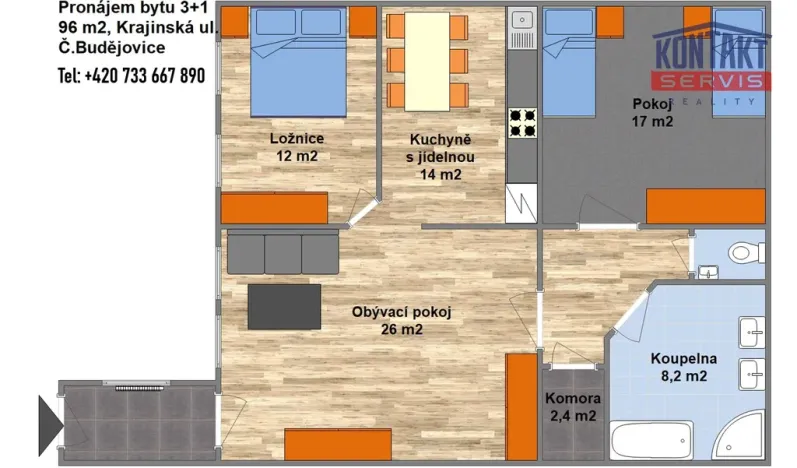 Pronájem bytu 3+1, České Budějovice - České Budějovice 1, Krajinská, 96 m2