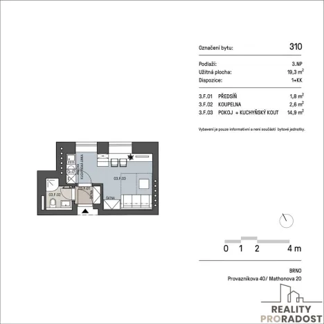 Pronájem bytu 1+kk, Brno, Mathonova, 20 m2