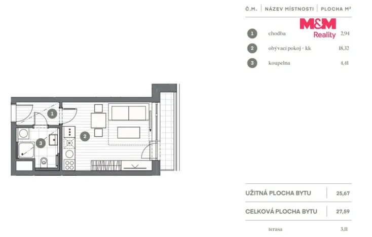 Prodej bytu 1+kk, Praha - Vysočany, Stejnosměrná, 28 m2