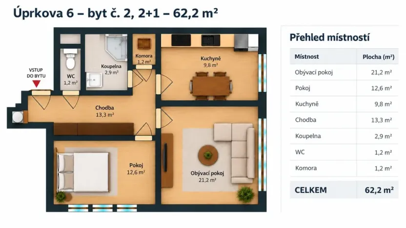 Prodej bytu 2+1, Brno, Uprkova, 62 m2