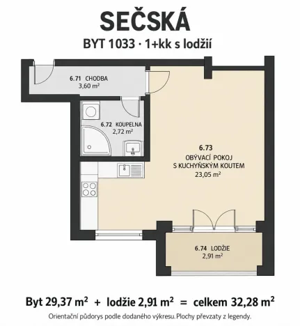 Prodej bytu 1+kk, Praha - Strašnice, Sečská, 32 m2