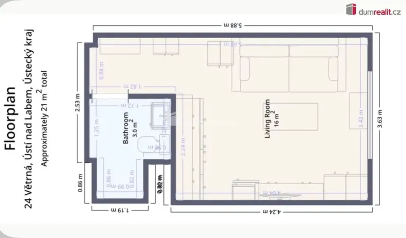 Prodej bytu 1+kk, Ústí nad Labem - Severní Terasa, Větrná, 21 m2
