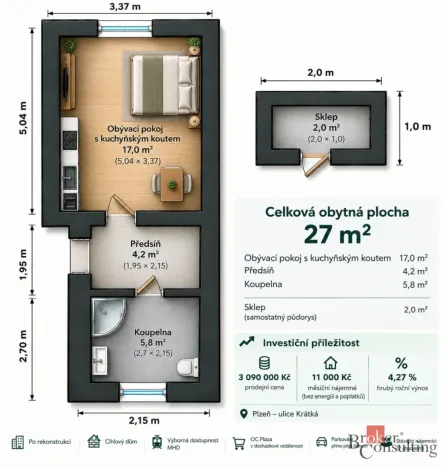 Prodej bytu 1+kk, Plzeň - Jižní Předměstí, Krátká, 27 m2