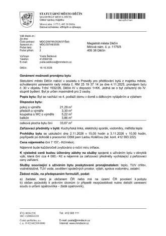 Pronájem bytu 1+kk, Děčín, Tržní, 33 m2