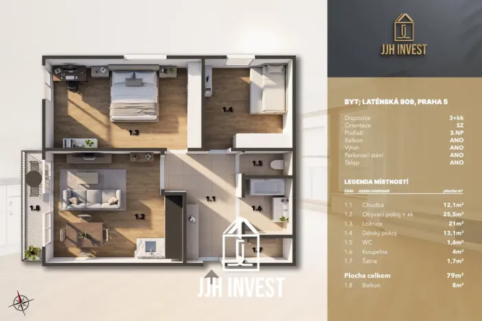 Prodej bytu 3+kk, Praha - Jinonice, Laténská, 79 m2