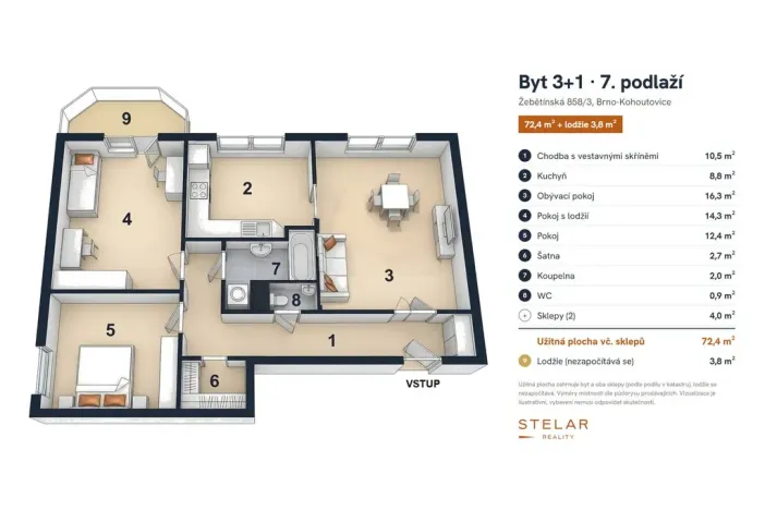 Prodej bytu 3+1, Brno - Kohoutovice, Žebětínská, 72 m2